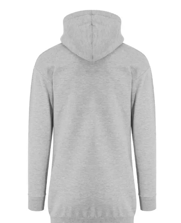Back view of a light grey Nova Hoodie Dress with a double-layer hood and ribbed cuffs and hem.