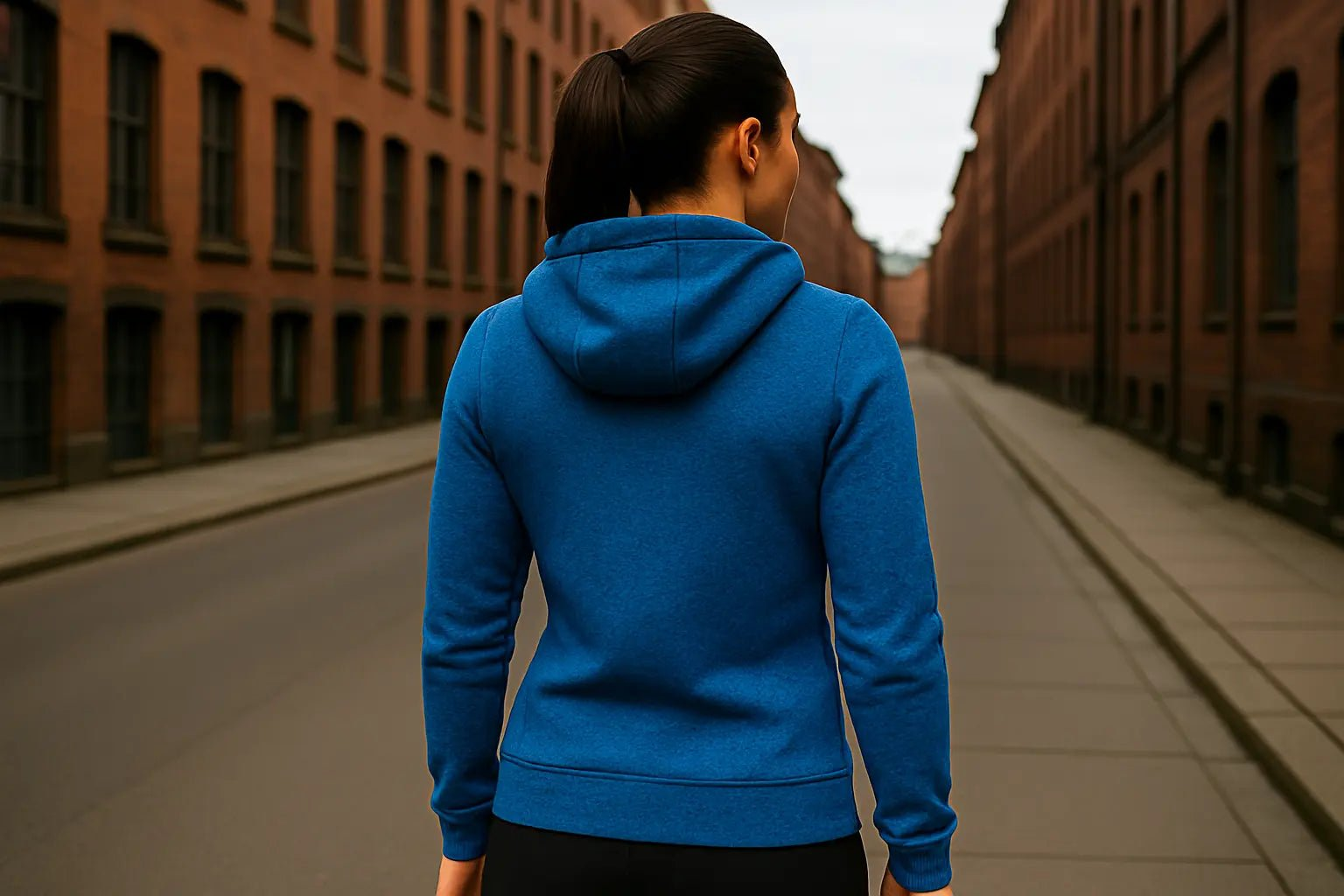 Back View - Fit Woman in Blue Shonel Hoodie