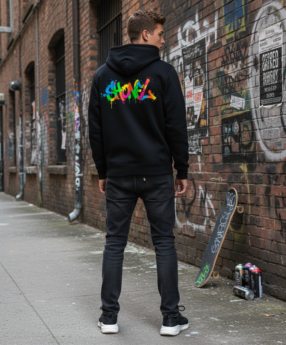 Back view of male model in graffiti hoodie