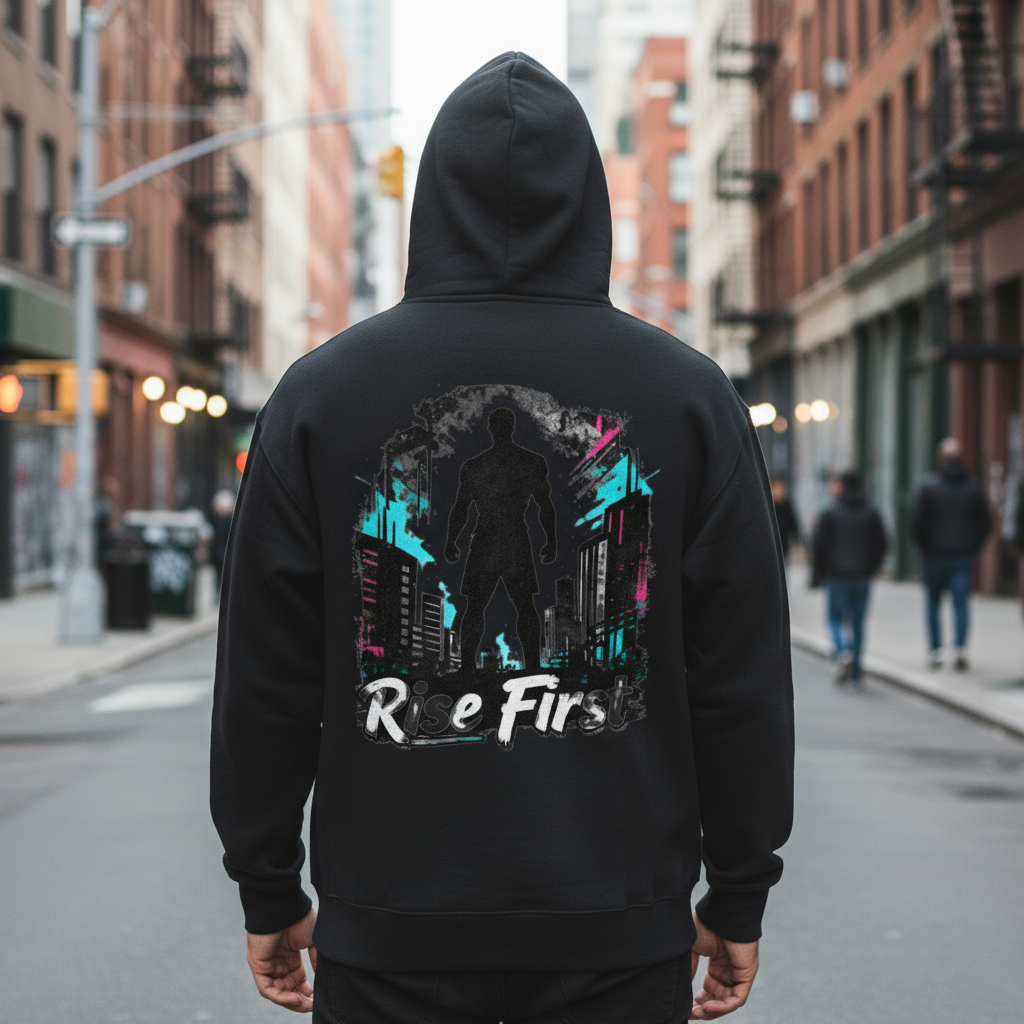 Back view of male model wearing Rise First hoodie