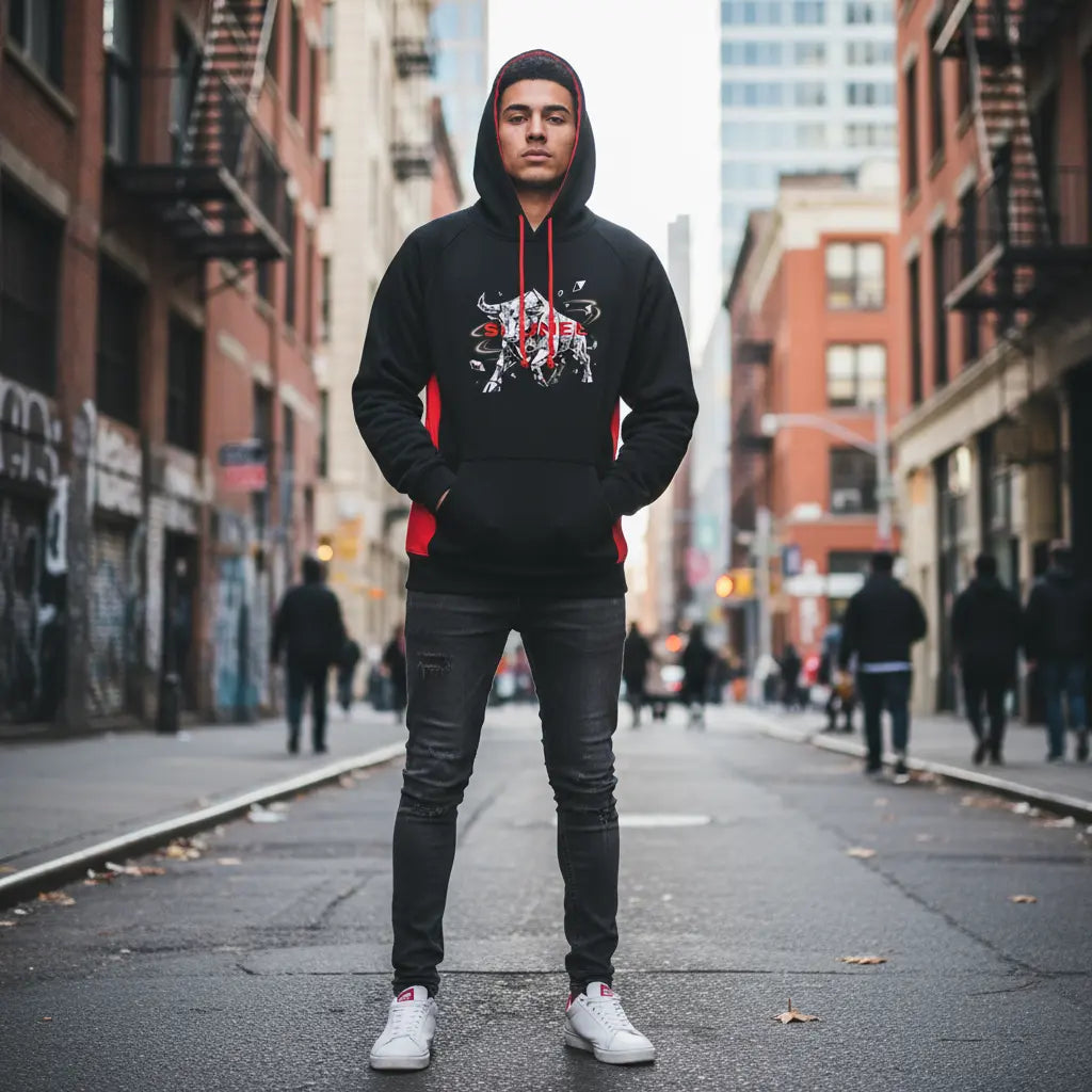 Black and red hoodie front view on model