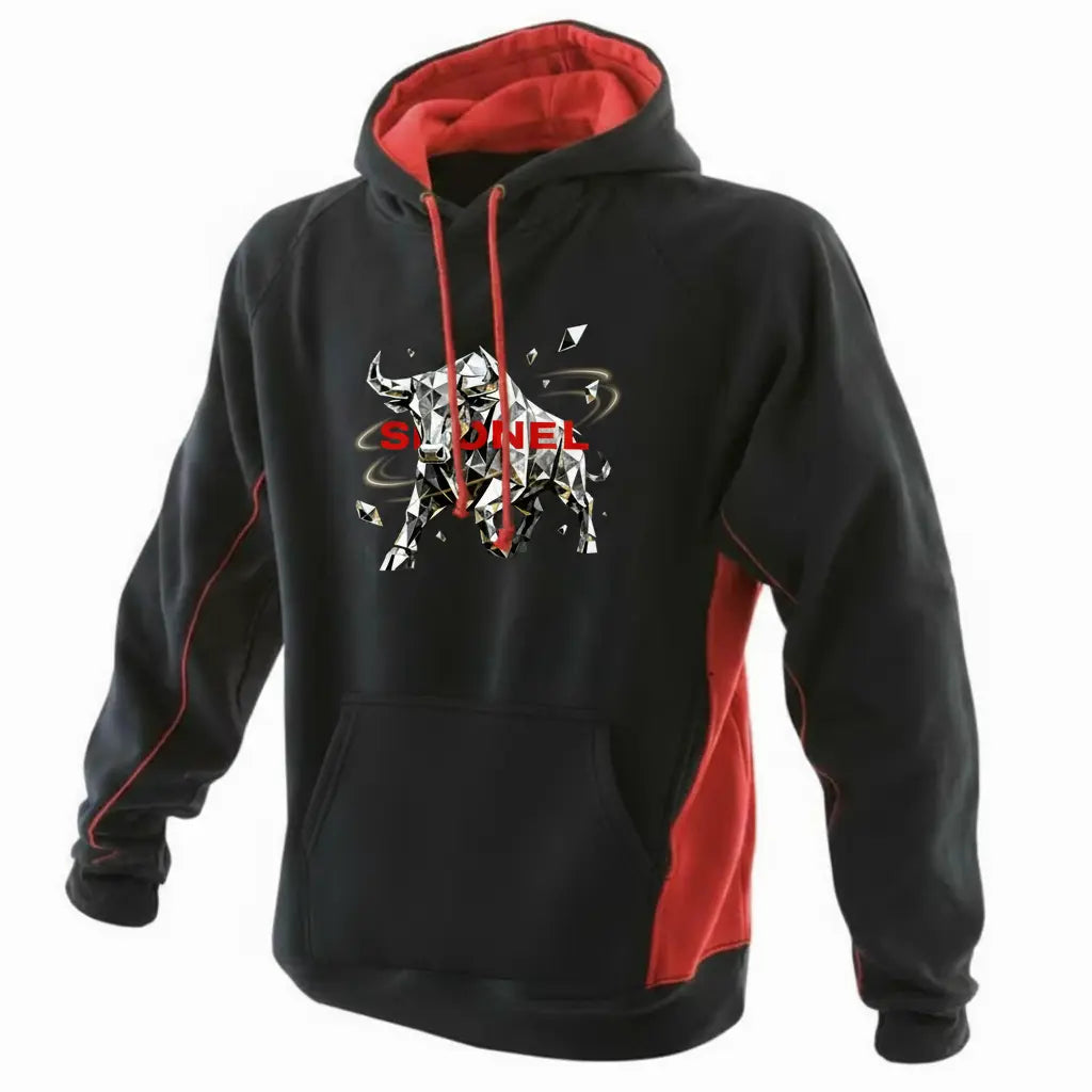Black and red hoodie with SHONEL bull design