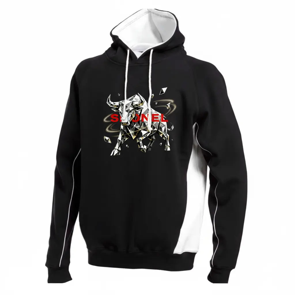 Black and white hoodie with SHONEL bull design