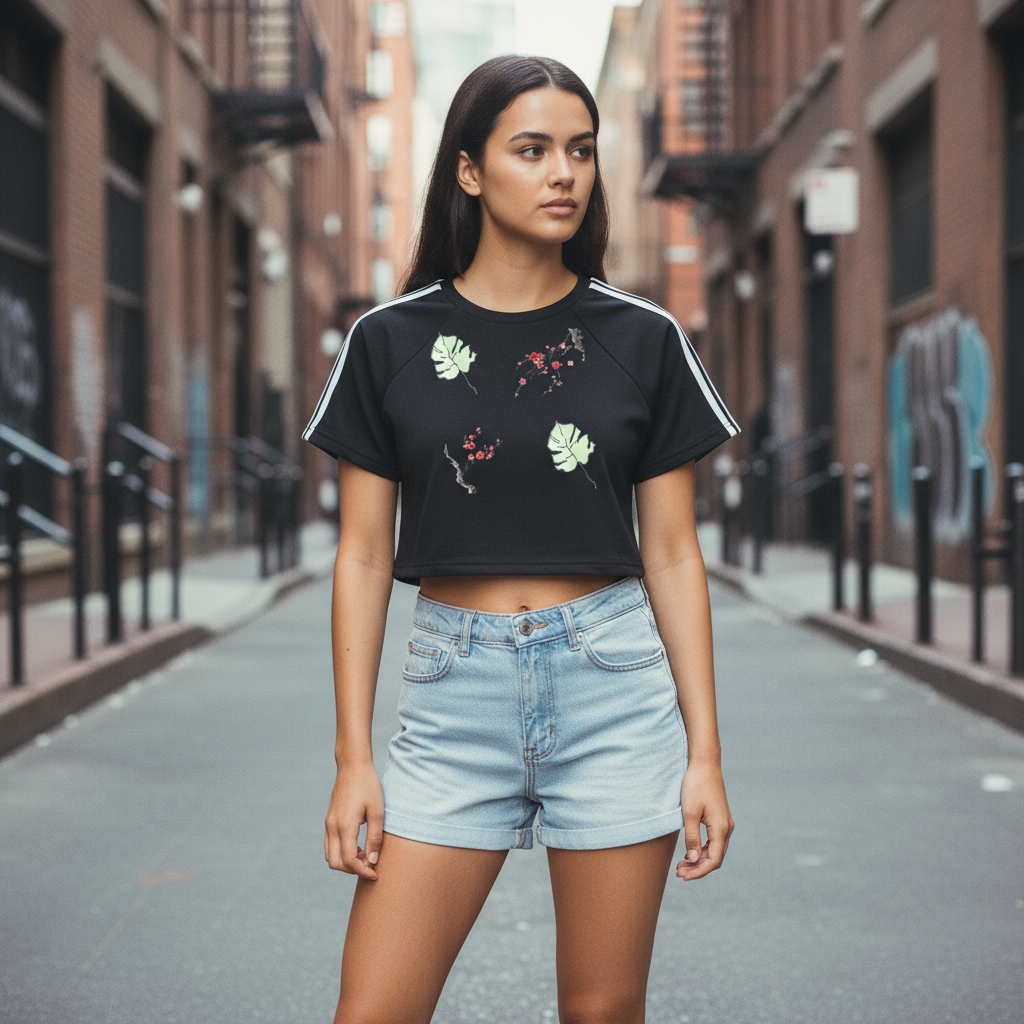 Black botanical crop top - natural streetwear photo