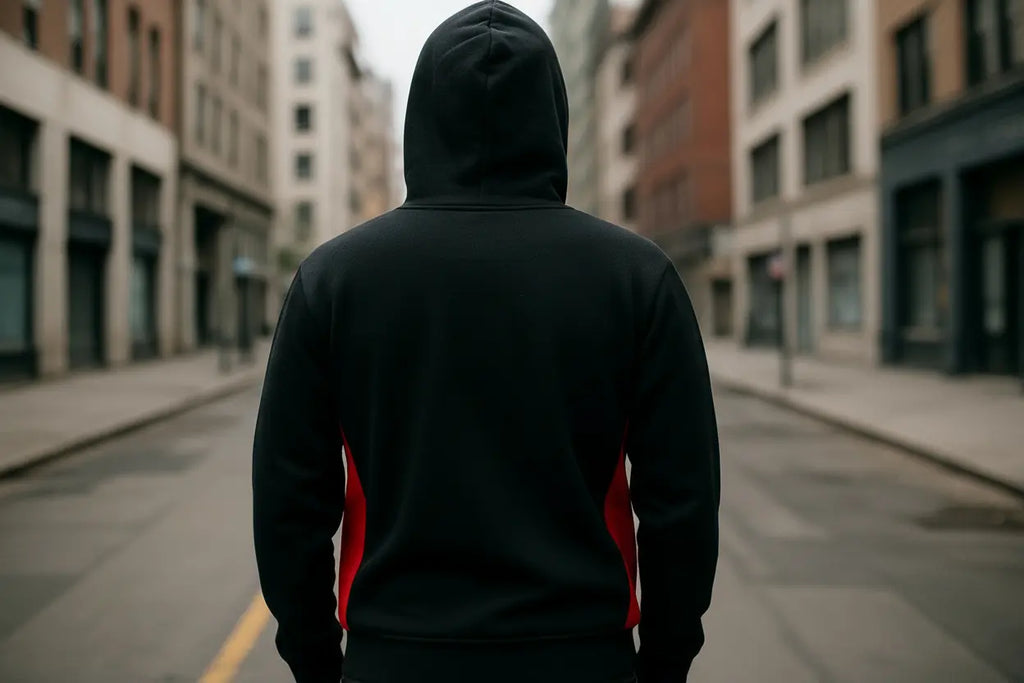 Black hoodie with red side panels - back view