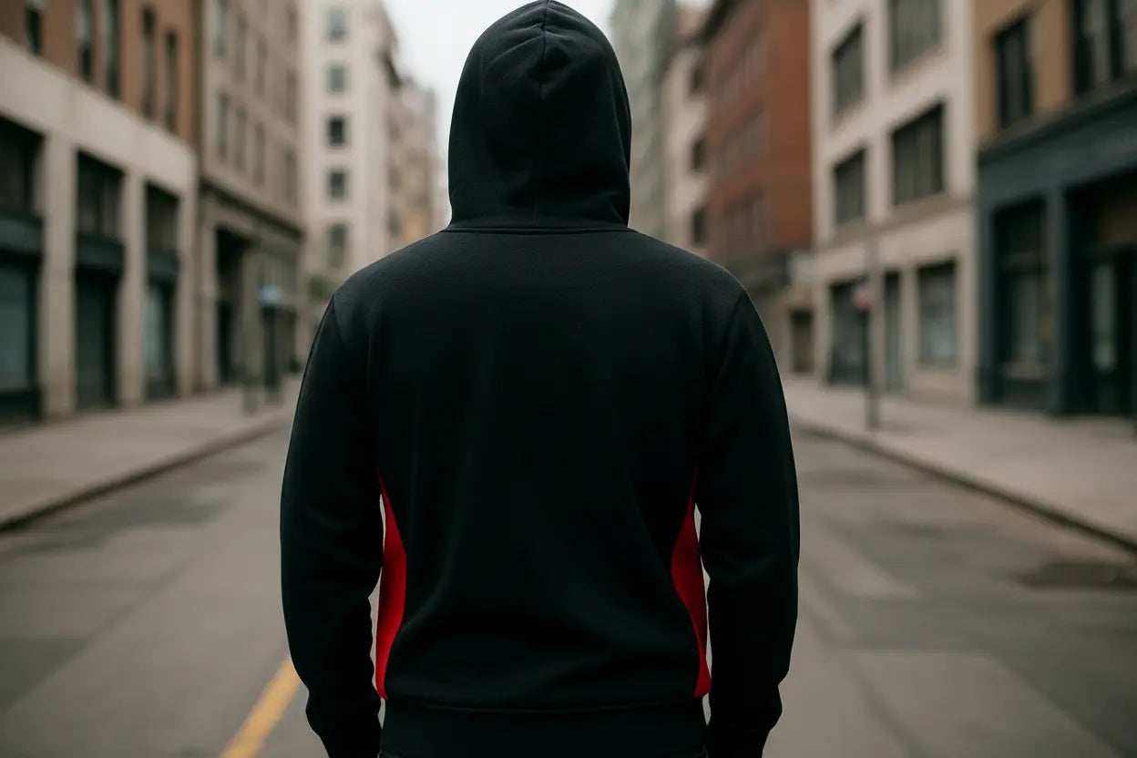 Black hoodie with red side panels - back view