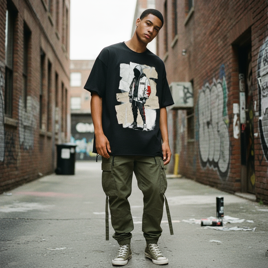 Black t-shirt with raw hem on male model - streetwear style