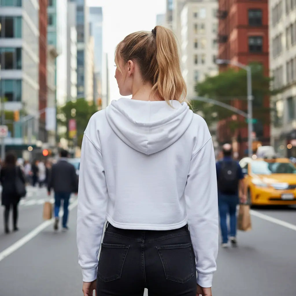 Back view of woman wearing white The Kawaii Rose Cropped Hoodie in urban street setting