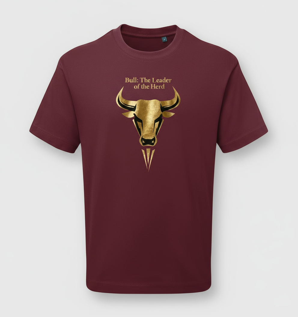 Bull design on burgundy t-shirt