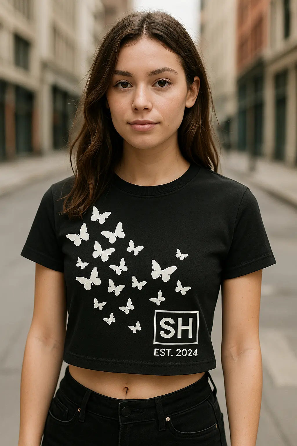 Butterfly Design T-Shirt on Model