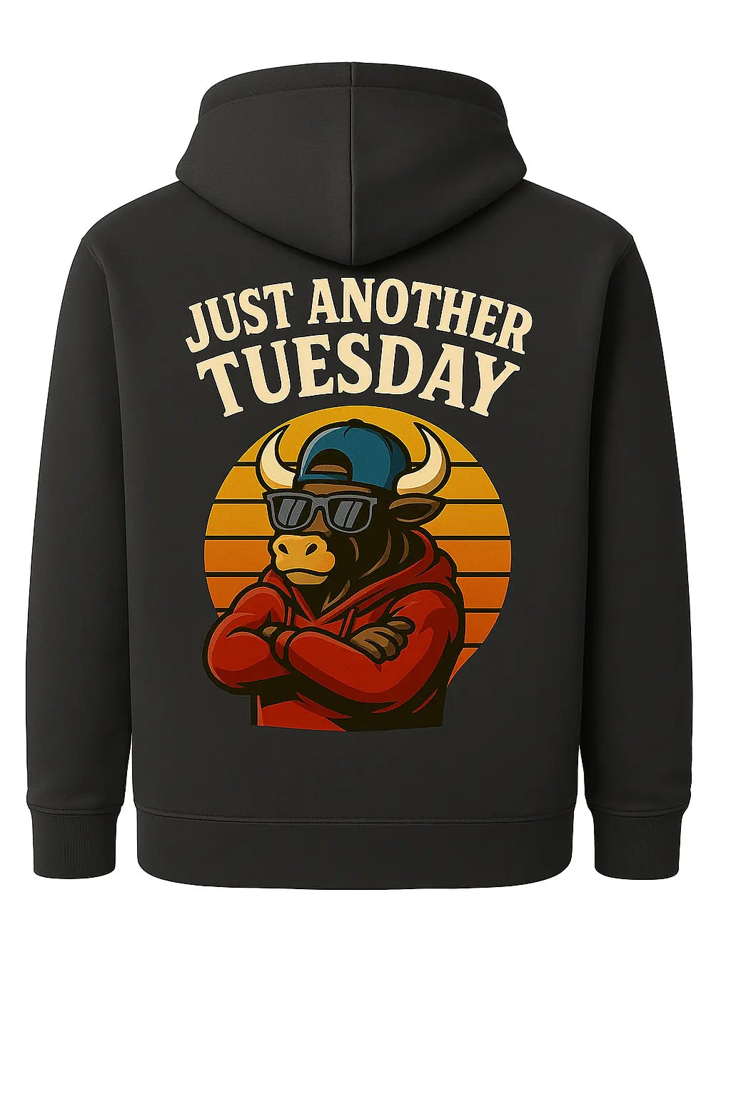 Black college hoodie for men with Just Another Tuesday bull graphic in sunglasses and cap on back