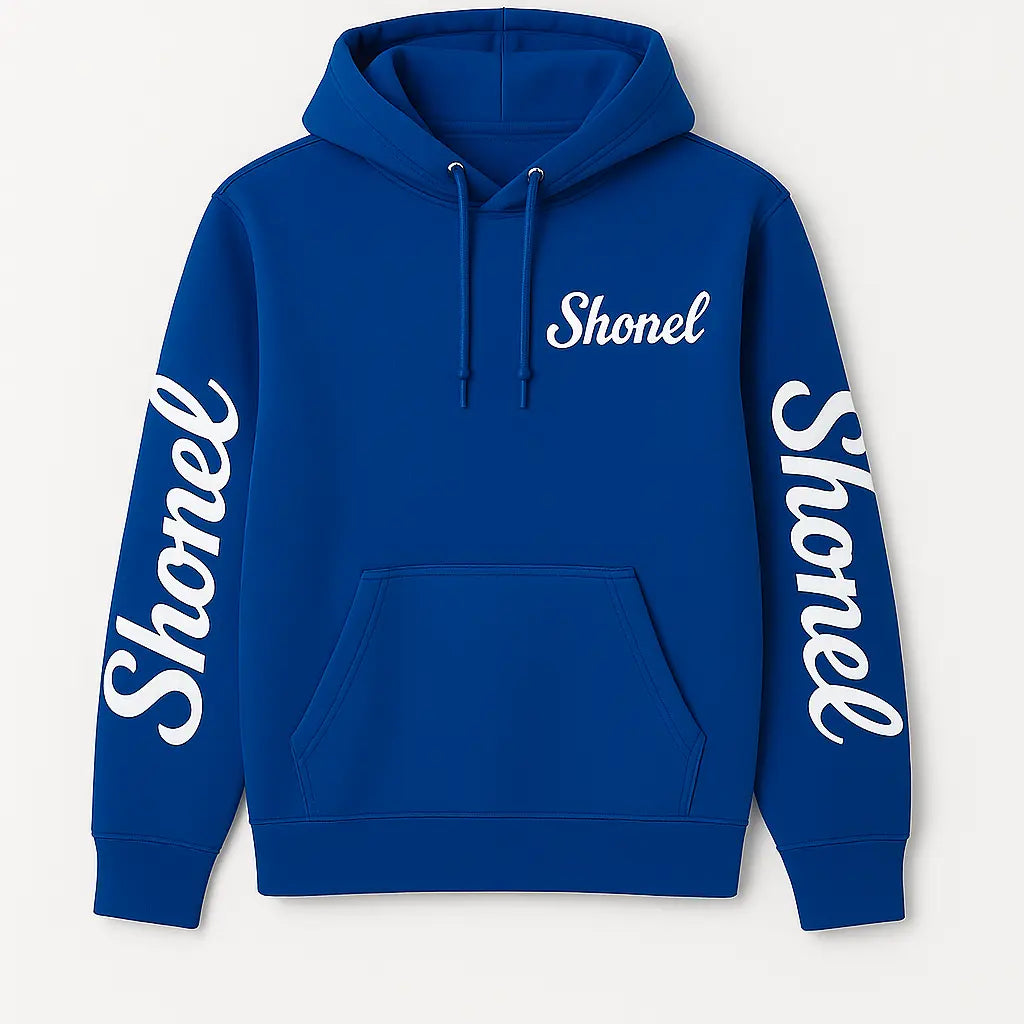Blue college hoodie for men by Shonel Clothes with white logo print on sleeves and chest