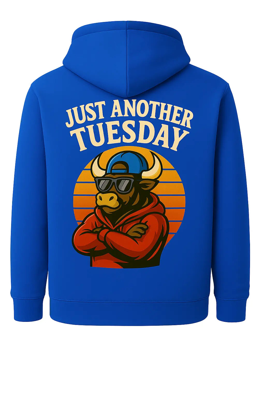 Blue college hoodie for men with Just Another Tuesday bull graphic and hood