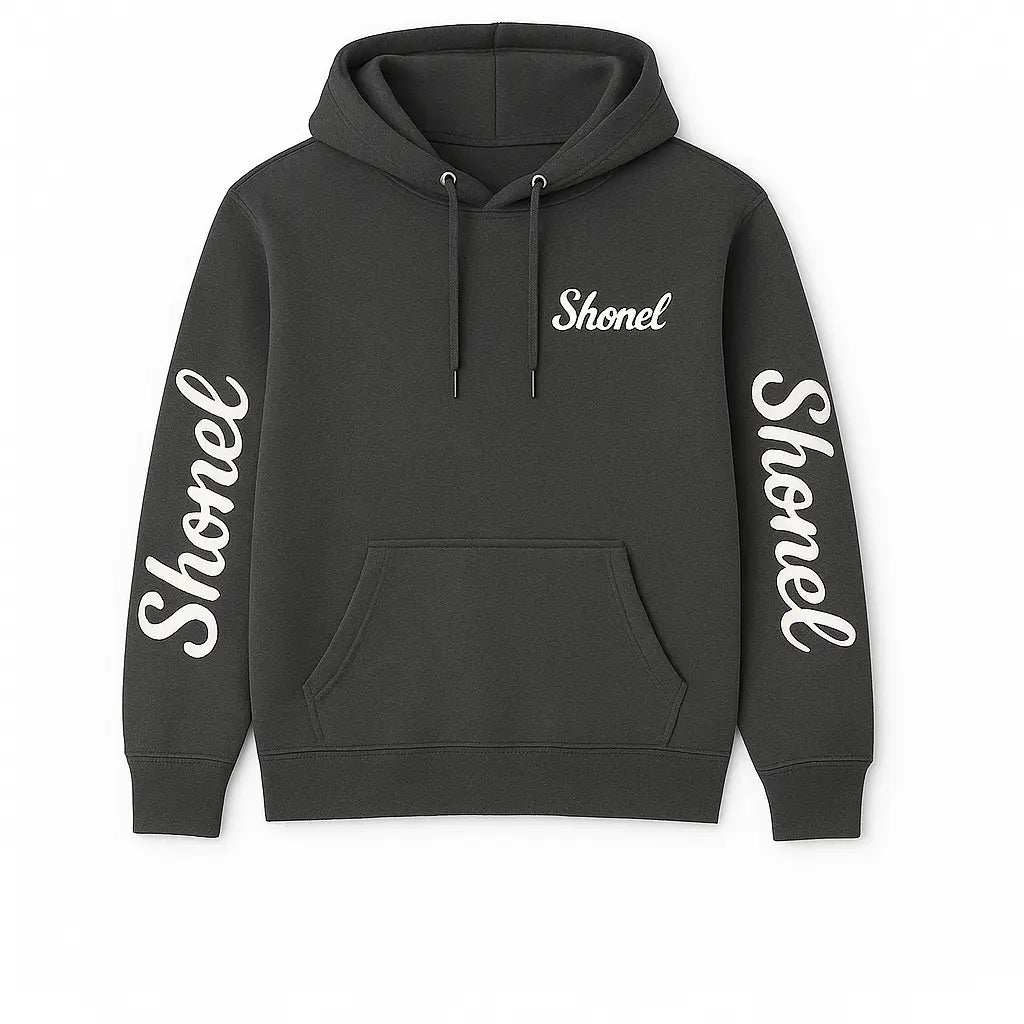Black Shonel Clothes college hoodie for men with front pocket and logo on chest and sleeves