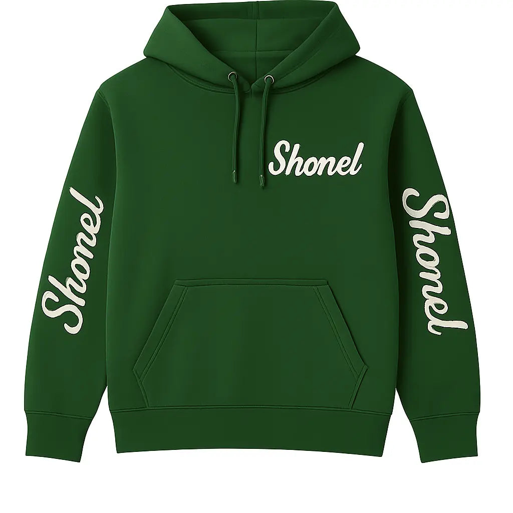 Green Shonel Clothes college hoodie for men with front pocket and logo on chest and sleeves