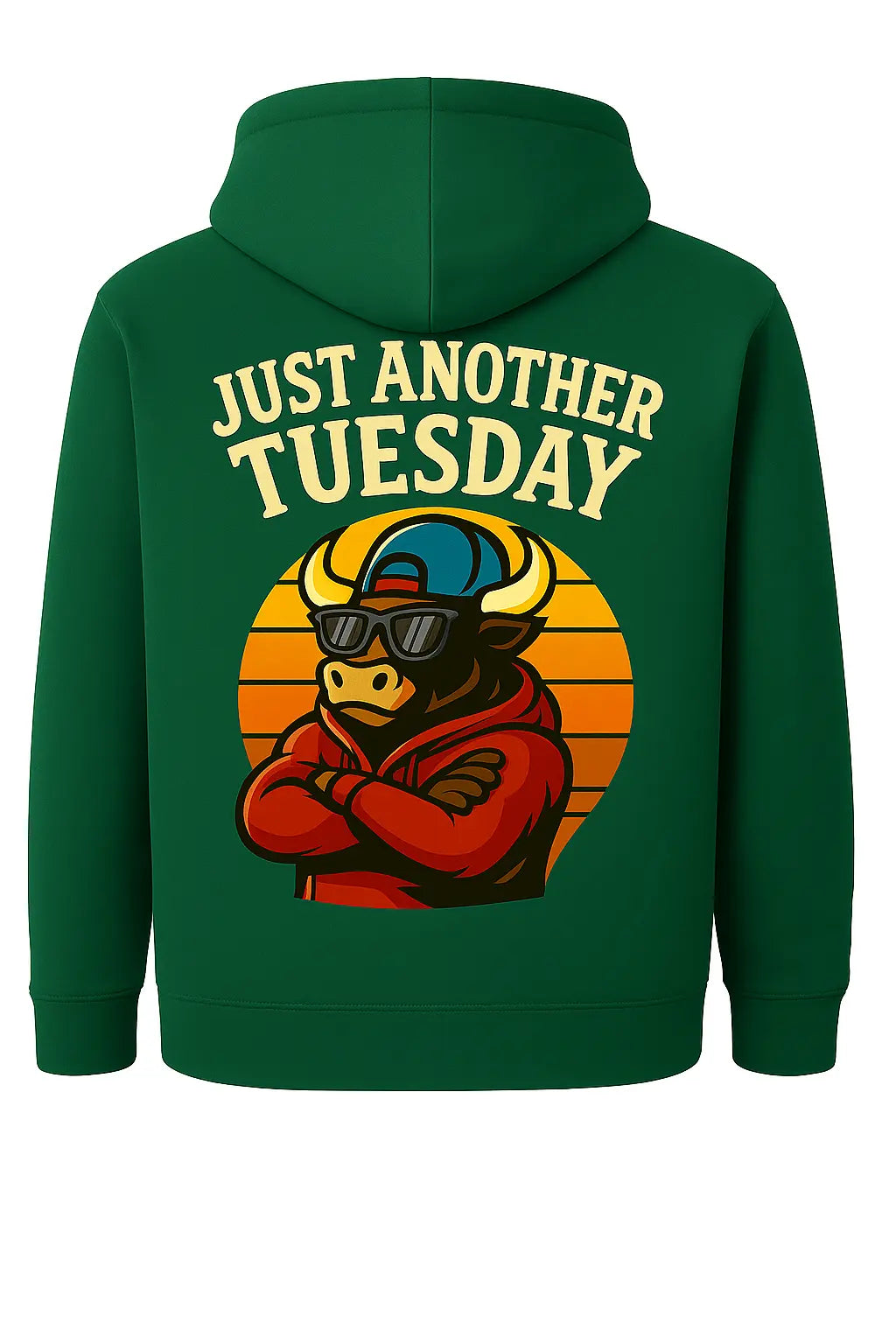 Green college hoodie for men with Just Another Tuesday bull graphic and hood