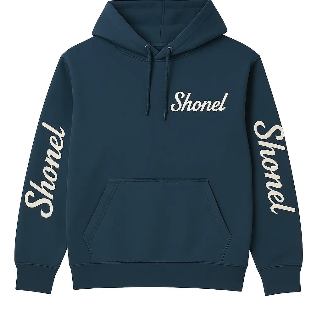 Shonel navy blue college hoodie for men with front pocket and logo text on chest and sleeves