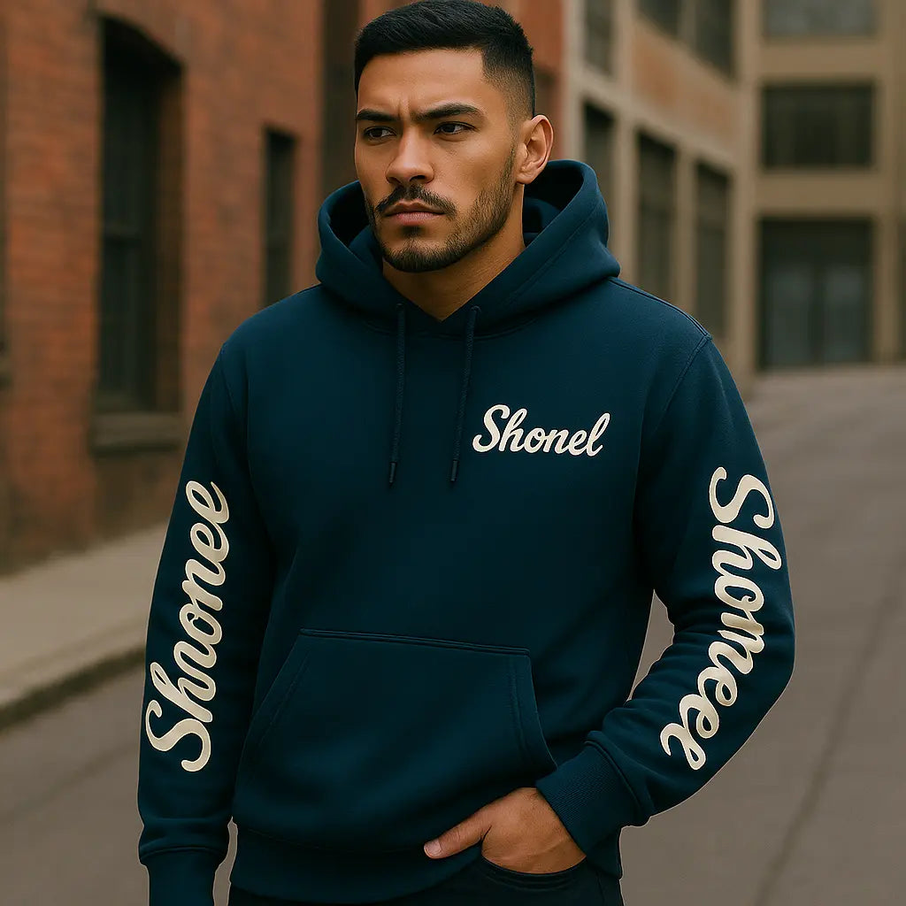 Man wearing a navy blue college hoodie for men with Shonel logo on chest and sleeves in urban setting