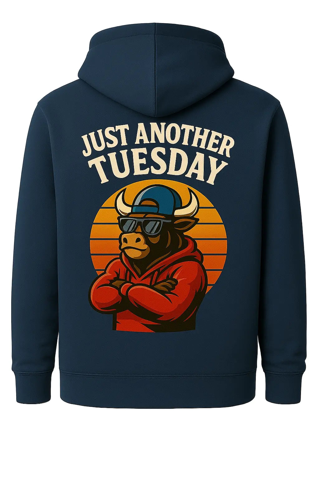 Shonel Clothes navy college hoodie for men with Just Another Tuesday bull graphic and hood
