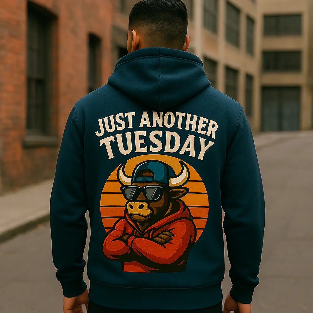 Shonel Clothes college hoodie for men in navy blue featuring graphic bull design and Just Another Tuesday text on back