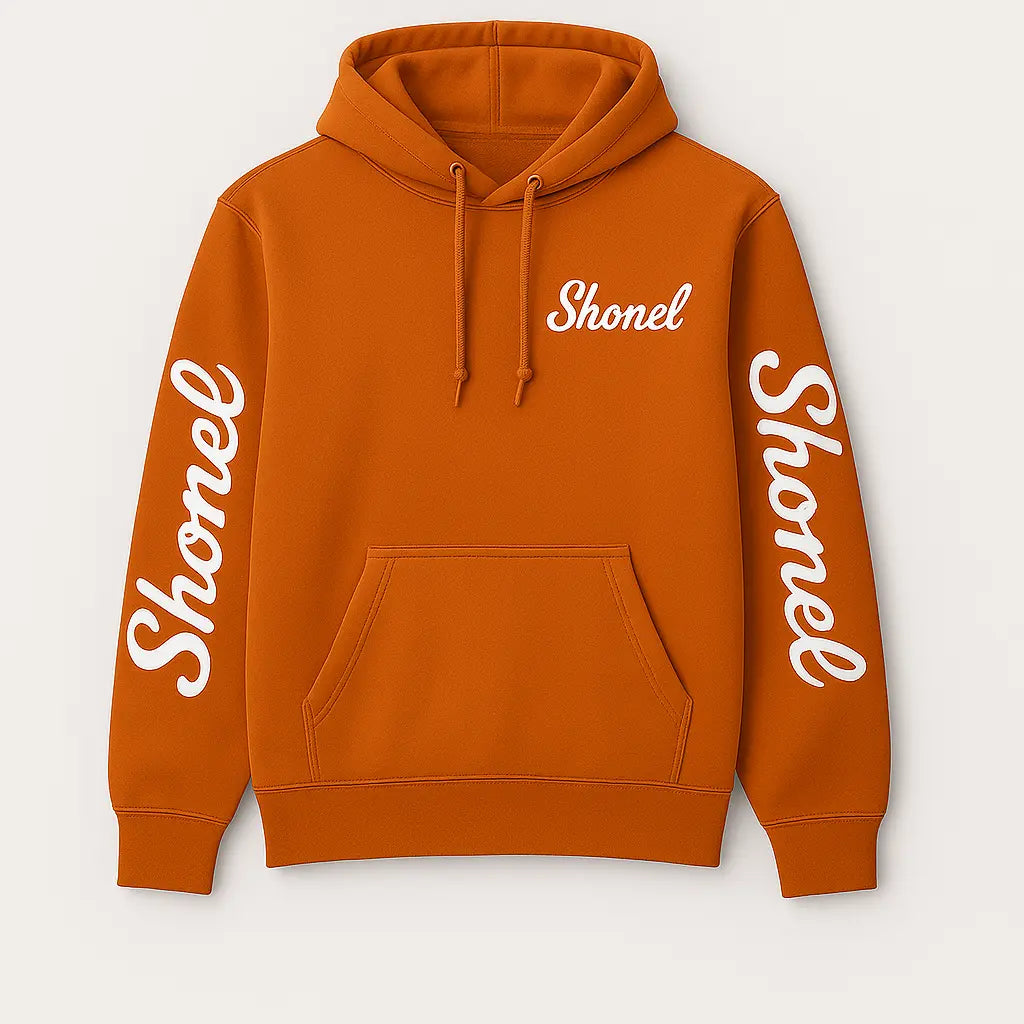 Orange college hoodie for men by Shonel Clothes with front pocket and white logo text on chest and sleeves