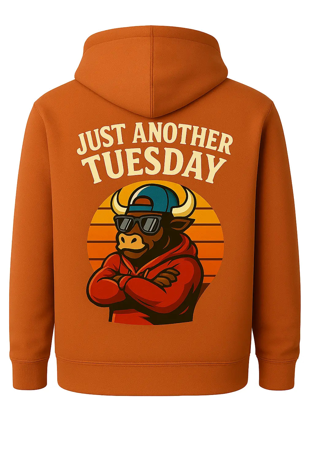 Shonel Clothes college hoodie for men in orange with a cool bull graphic and Just Another Tuesday text