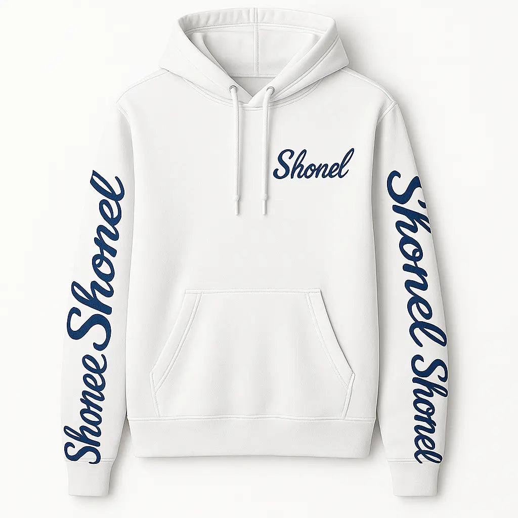 White Shonel college hoodie for men with blue logo text on chest and both sleeves