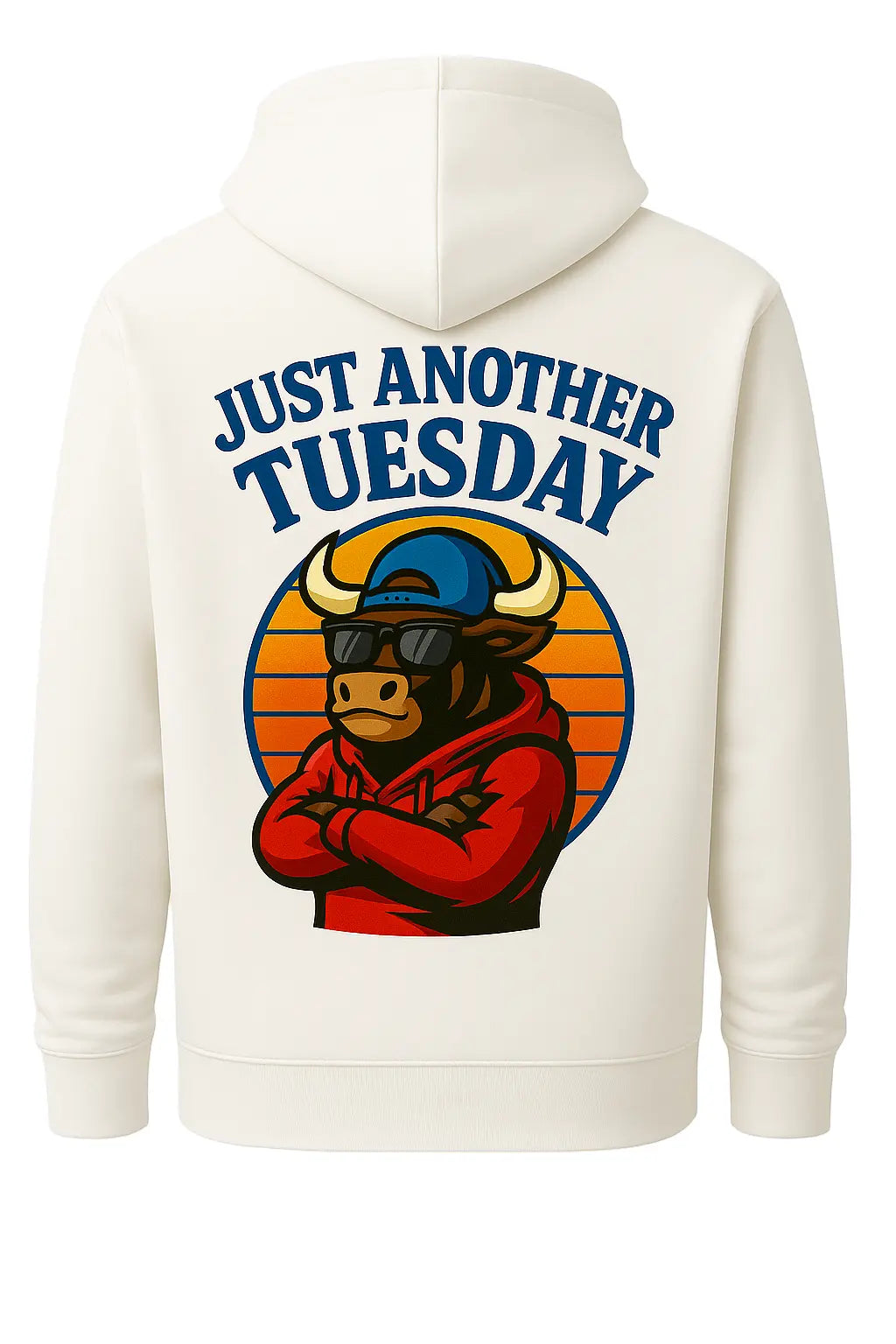 White college hoodie for men with cool bull graphic and Just Another Tuesday text on back