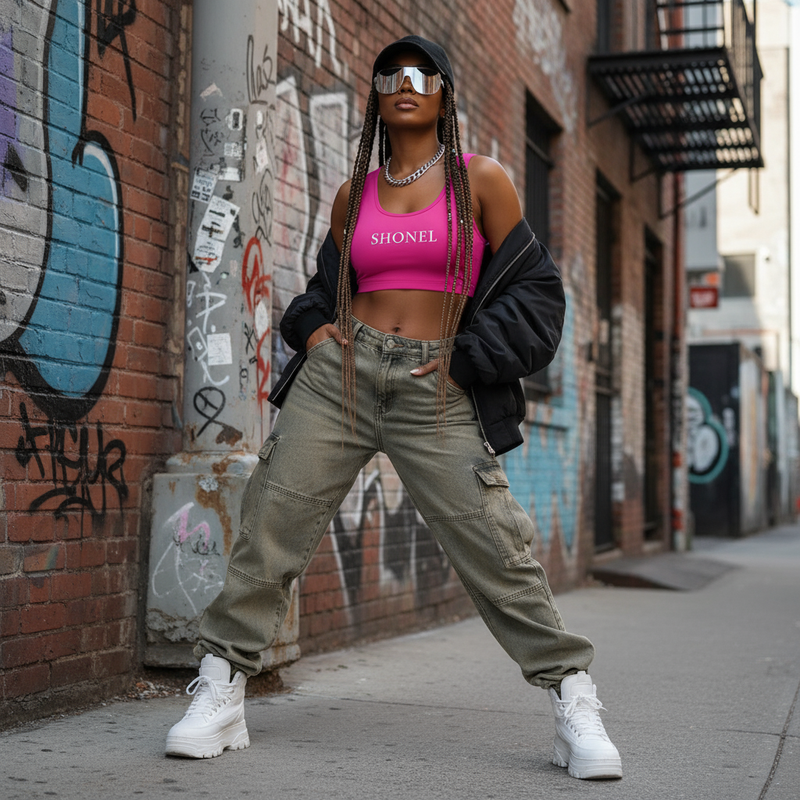 Electric pink sports bra streetwear style on model