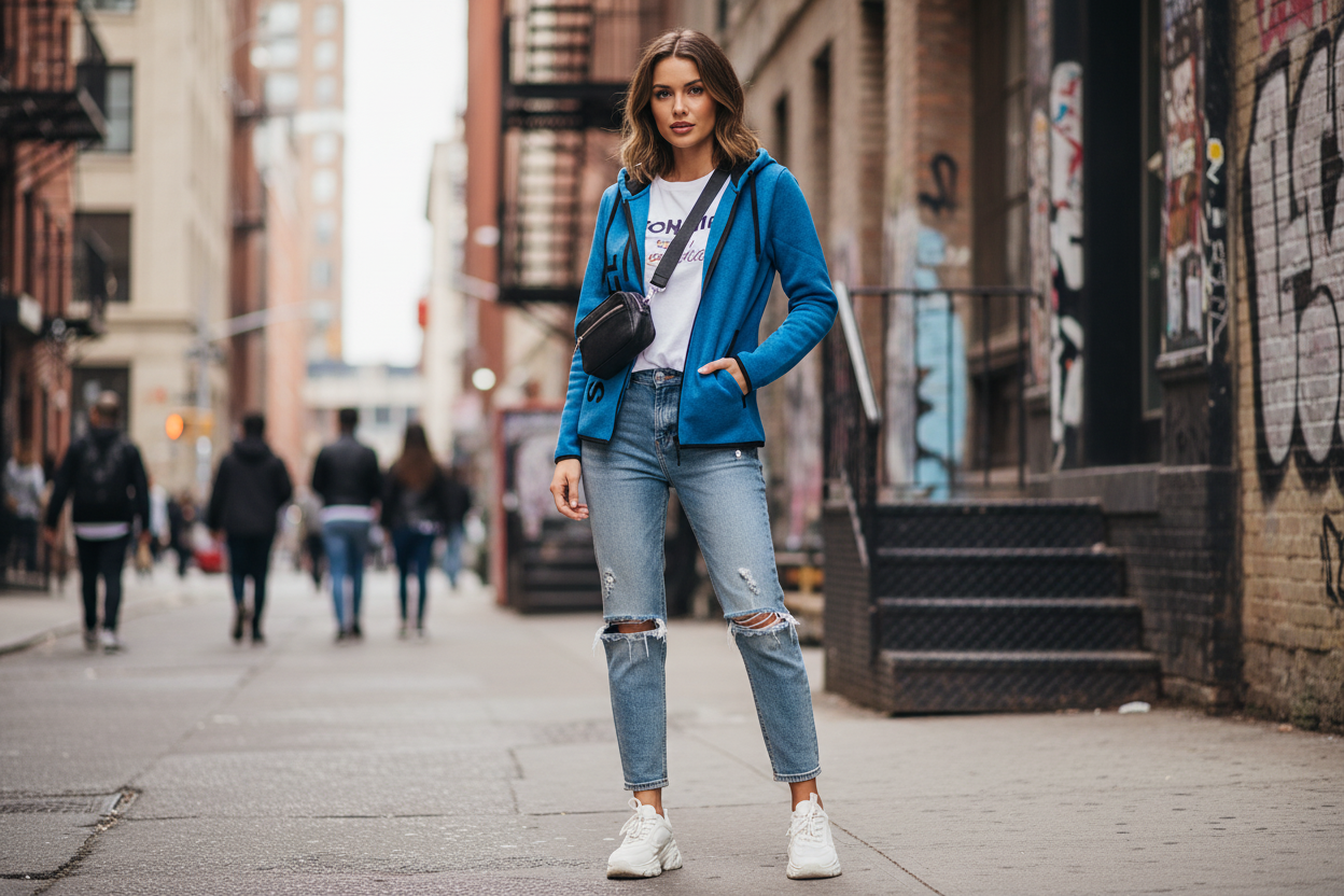 Female model in blue SHONEL hoodie