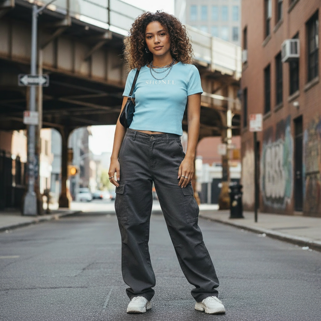 Female model in fitted SHONEL t-shirt