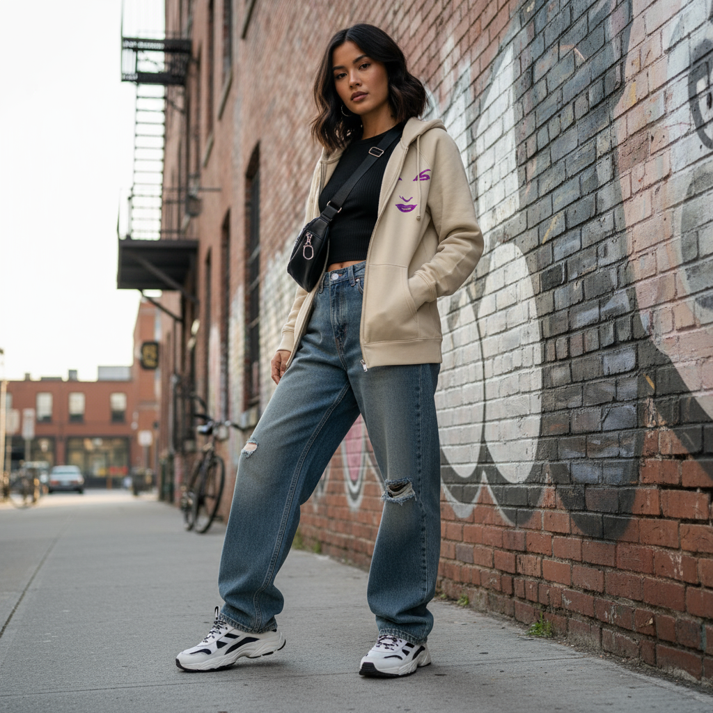 Female model wearing beige hoodie from angle showing front design