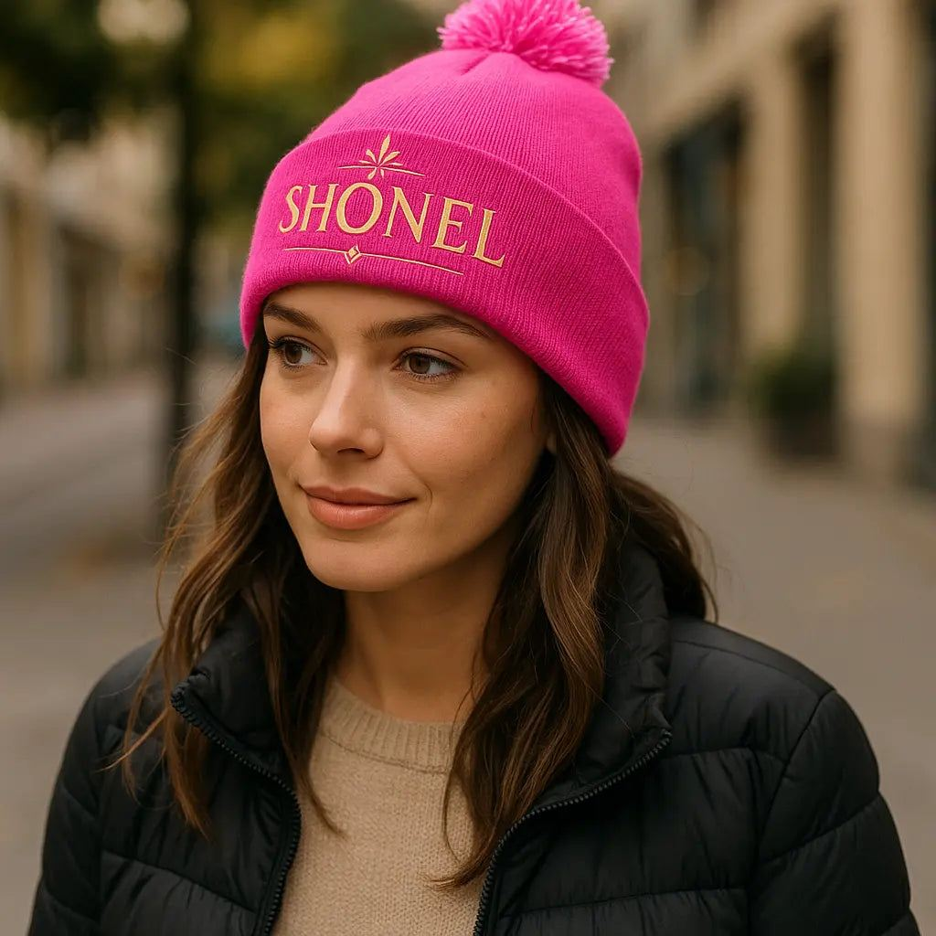 Female model wearing pink SHONEL beanie