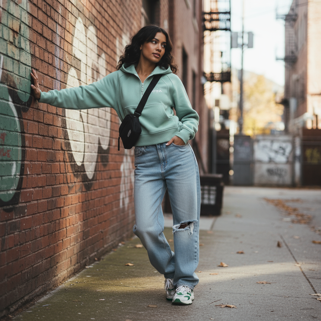 Female model wearing Shonel hoodie - different pose