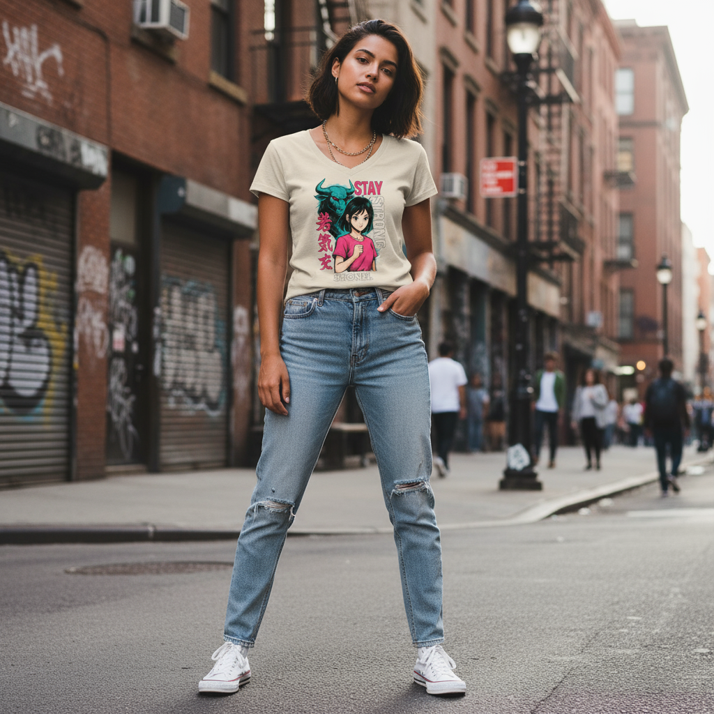 Female model wearing Shonel t-shirt in streetwear style