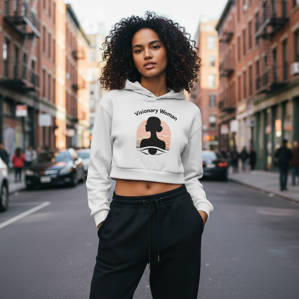 Female model wearing Visionary Woman cropped hoodie