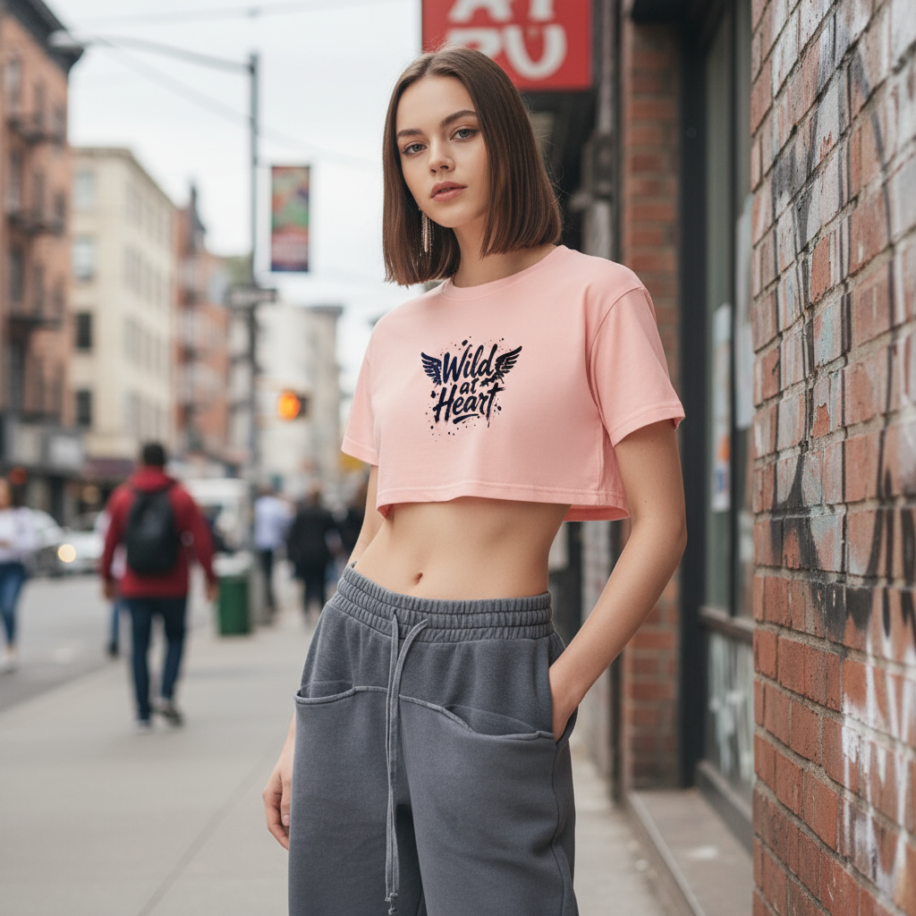 Female model wearing Wild at Heart crop top - proper fit