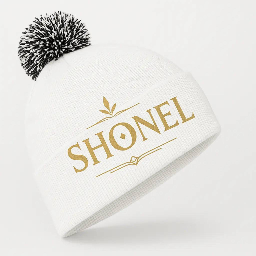 Feminine SHONEL design on white beanie