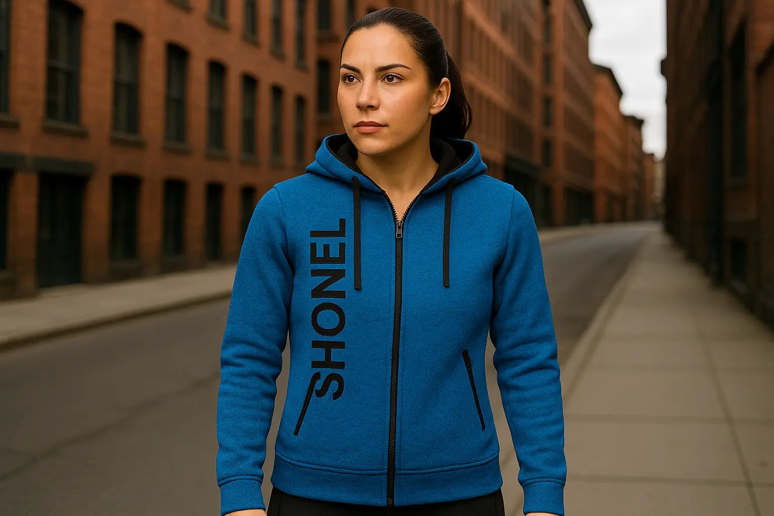 Fit Woman in Blue Shonel Hoodie on Street
