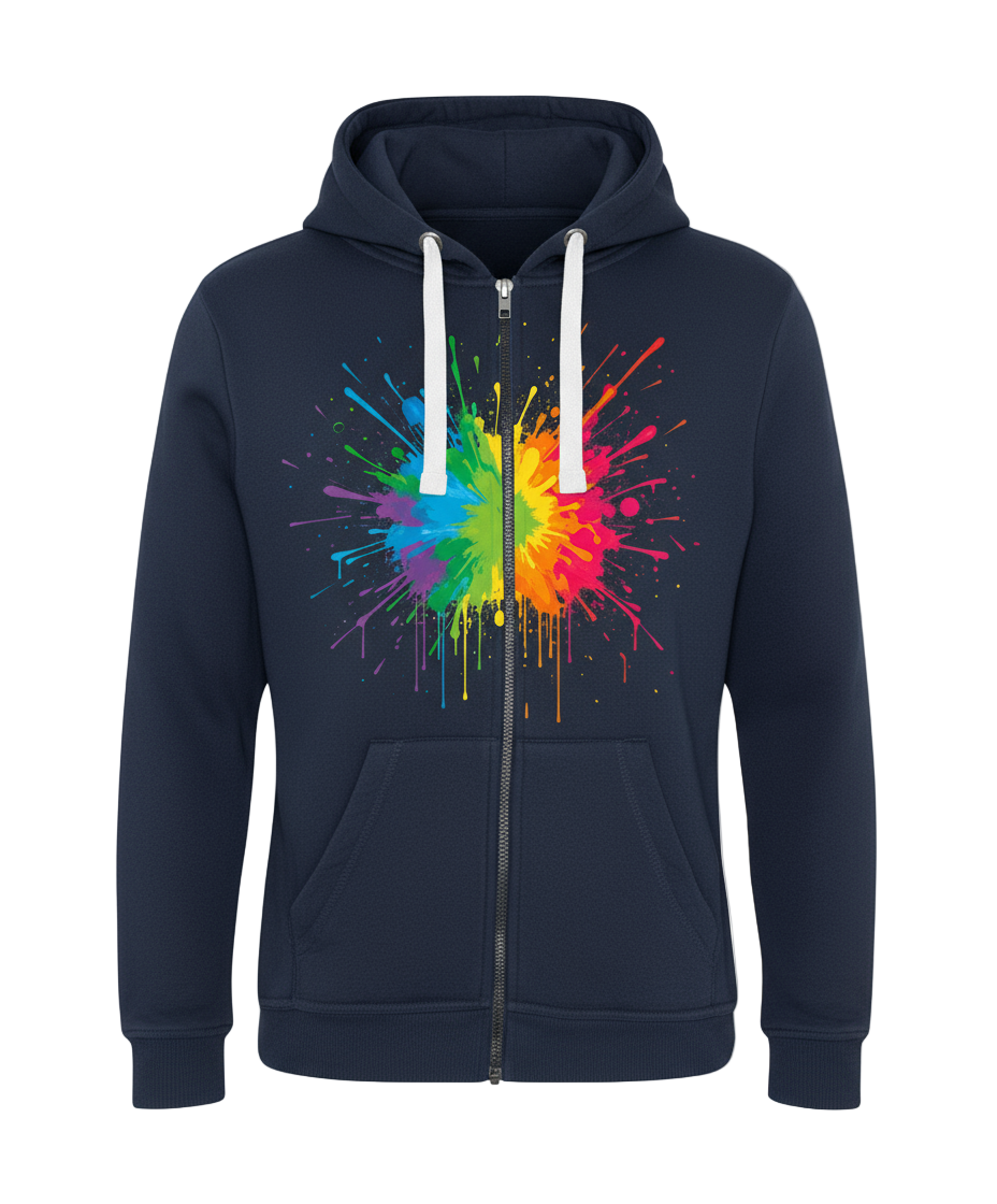 French navy hoodie with rainbow paint splash - front