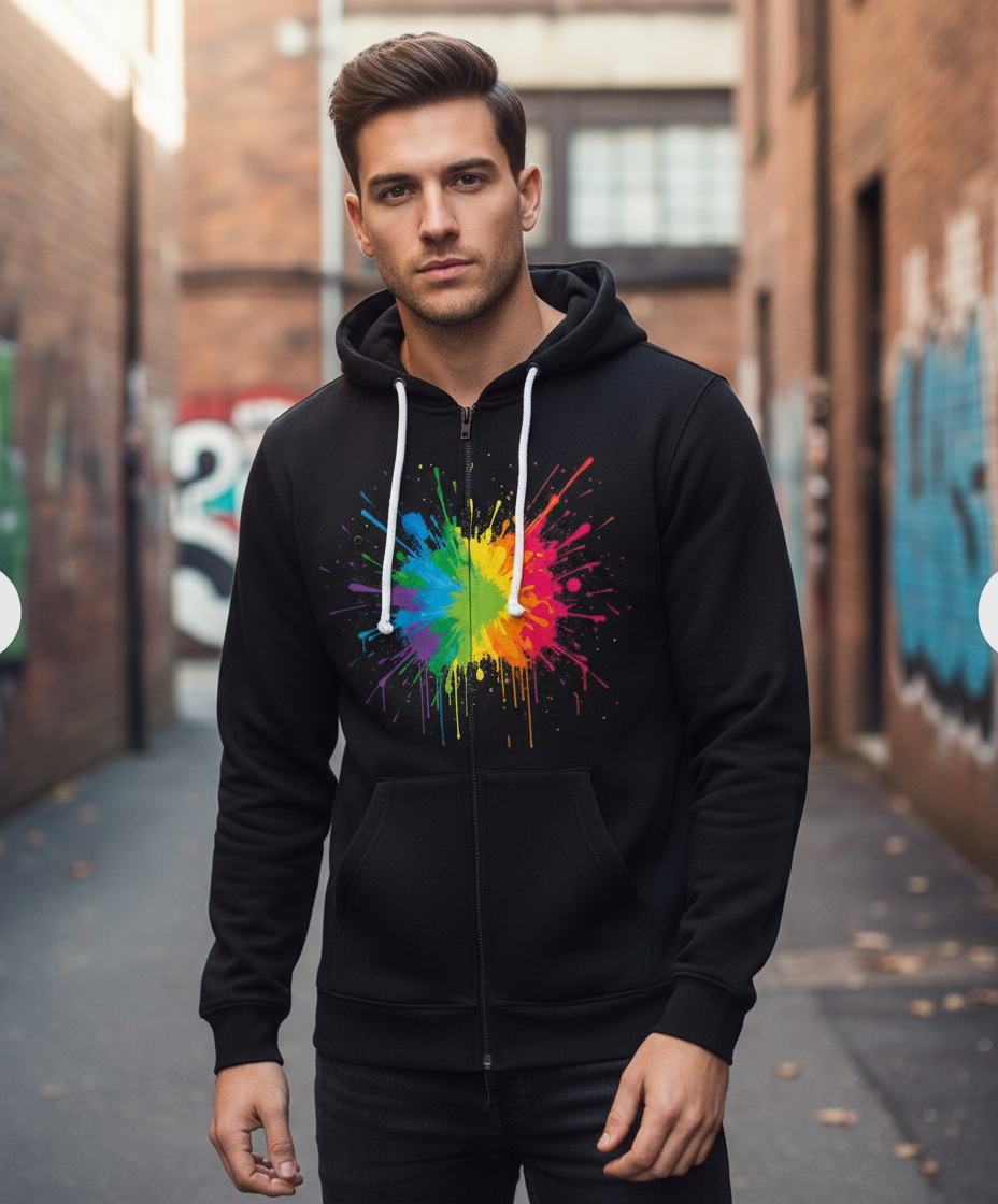 Front view of male model in rainbow paint splash hoodie