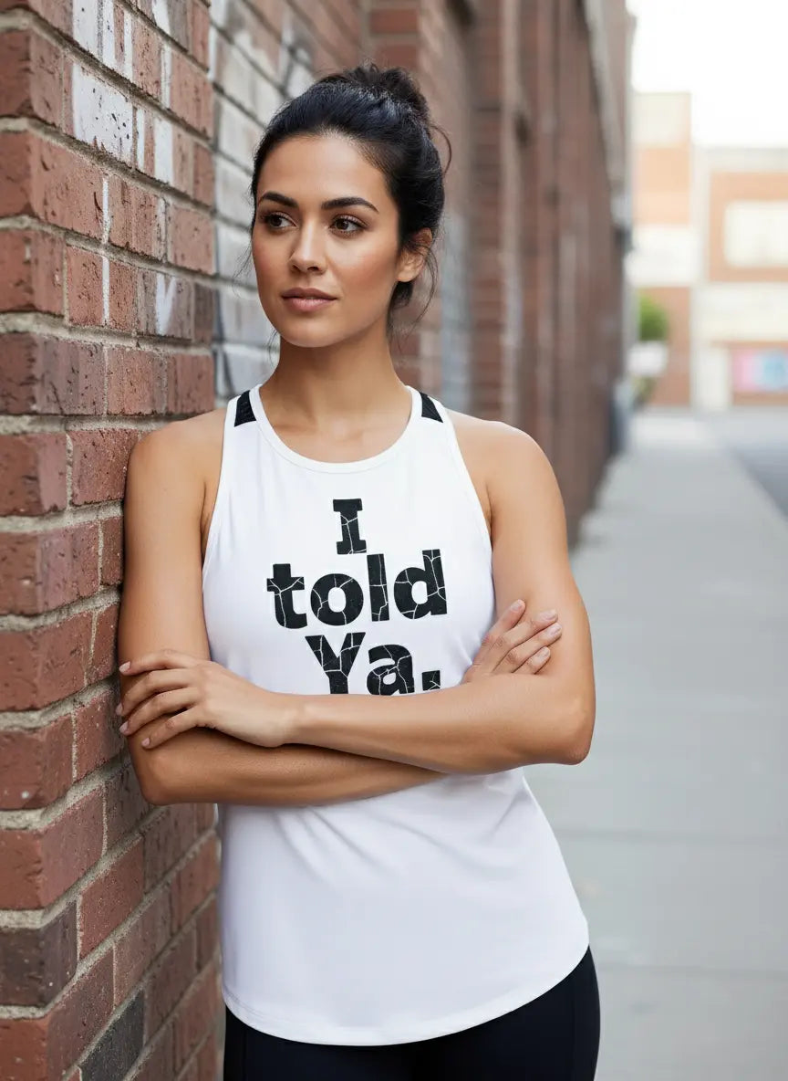 Front view - Same model in different pose wearing "I told ya" workout vest