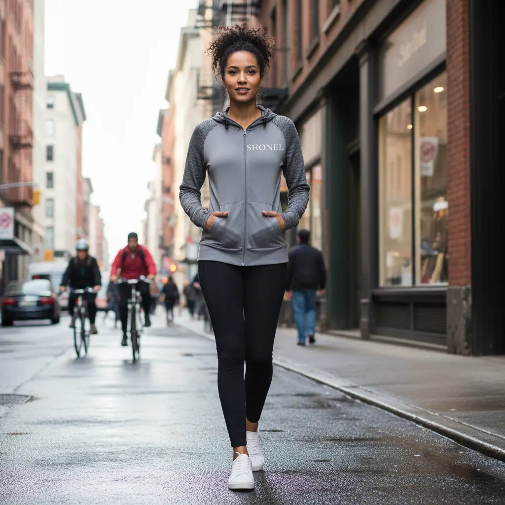Front view - Woman wearing Shonel hoodie on street