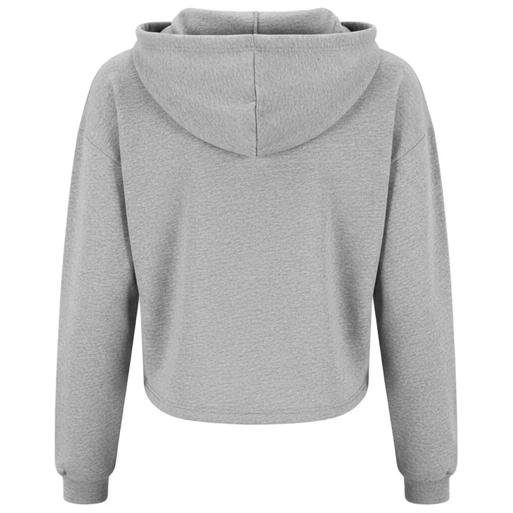 Back view of The Kawaii Rose Cropped Hoodie in grey with drop shoulders and hood