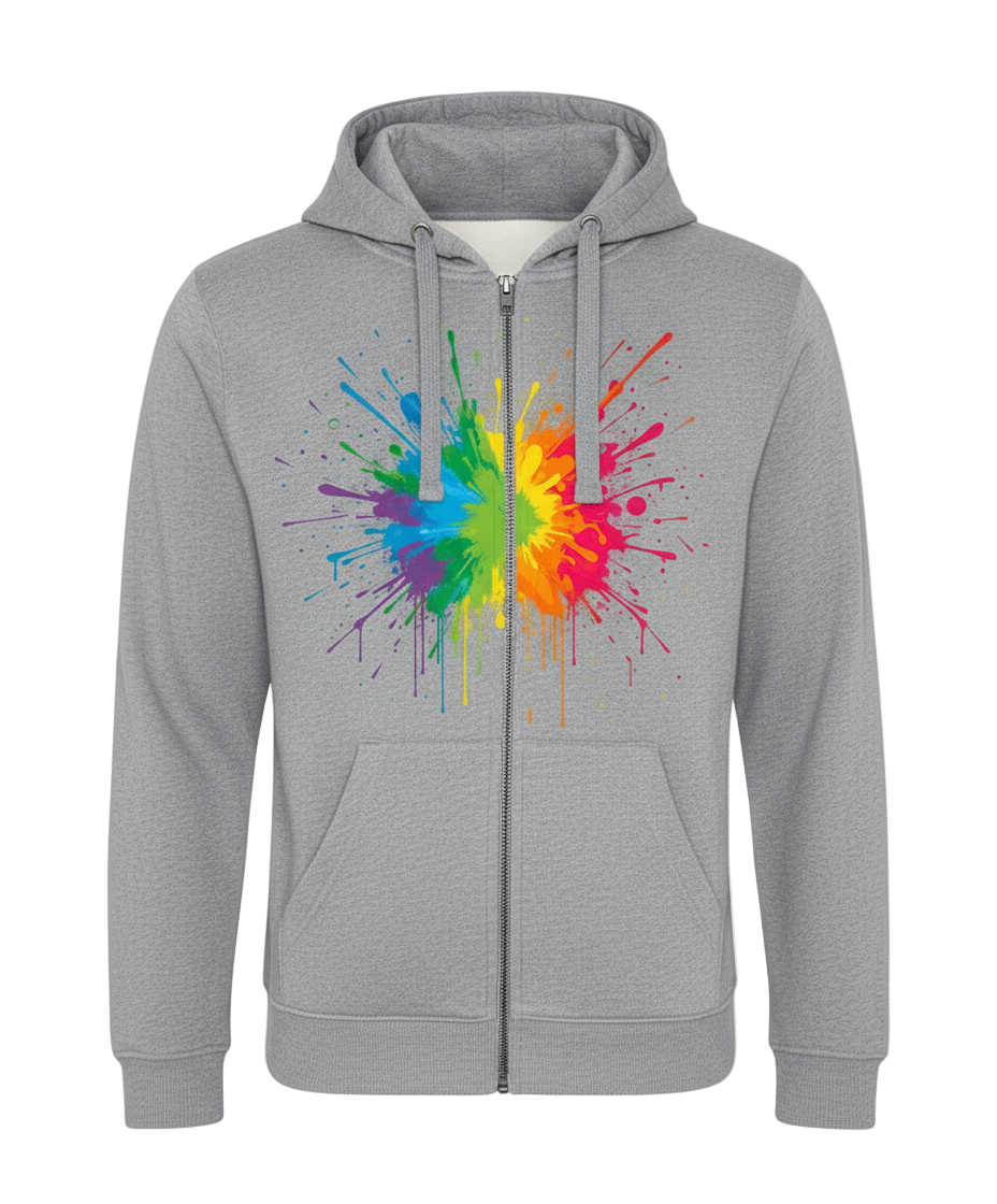 Heather grey hoodie with rainbow paint splash - front