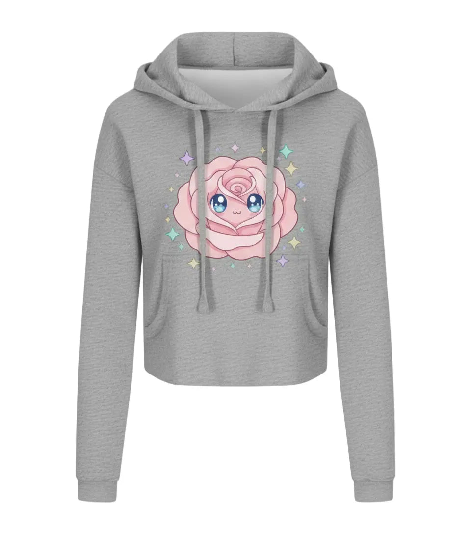 The Kawaii Rose Cropped Hoodie soft grey fleece with cute pink rose design and drop shoulder fit