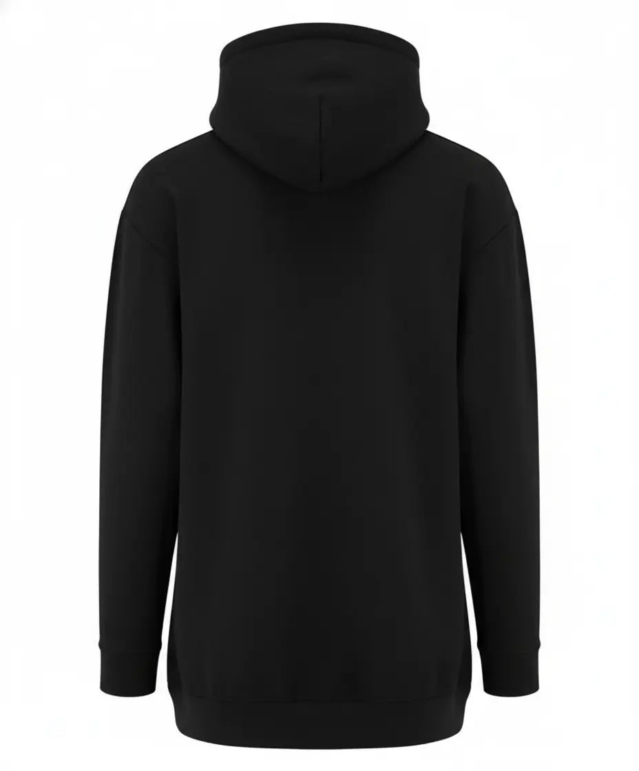 Back view of black Nova Hoodie Dress with longline relaxed fit and drop shoulders