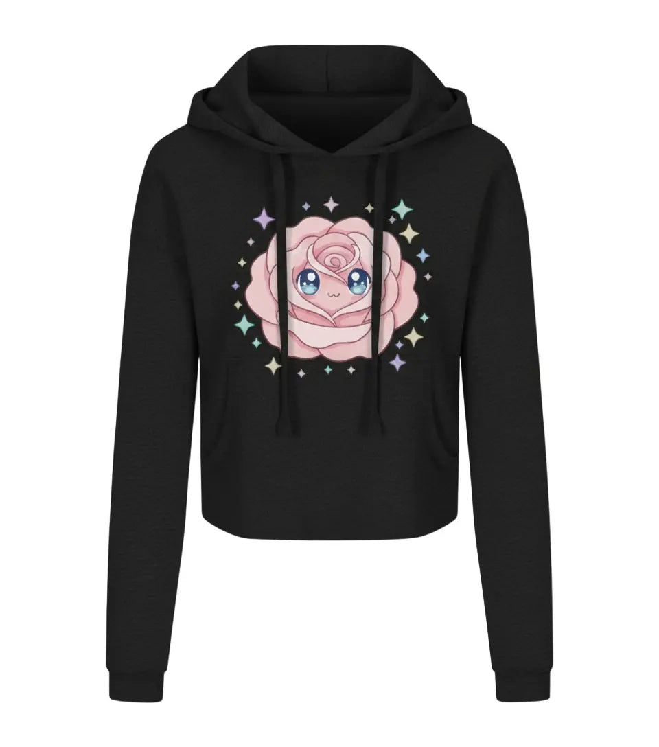 The Kawaii Rose Cropped Hoodie black cotton-blend fleece with cute rose emblem and drop-shoulder fit