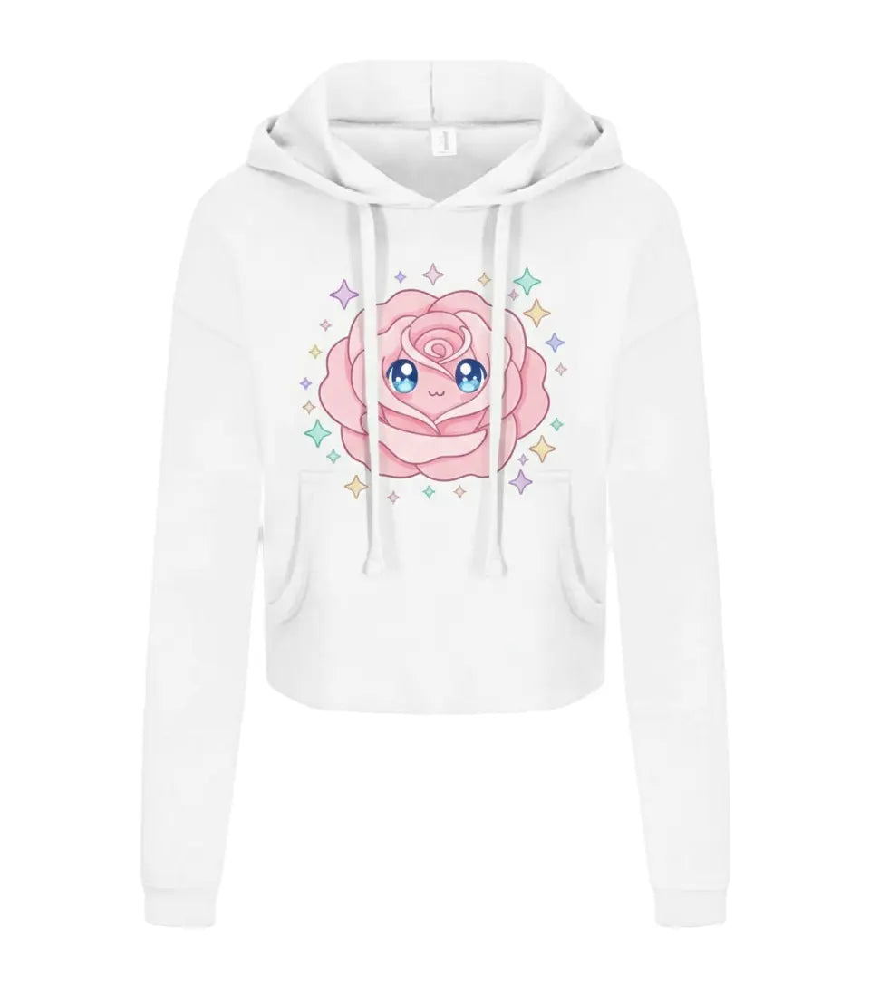 The Kawaii Rose Cropped Hoodie white cotton fleece hoodie with cute rose emblem and drop shoulder fit