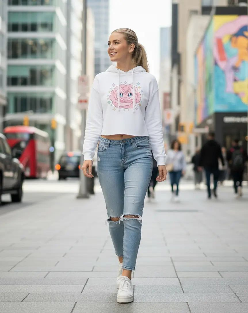 Woman wearing The Kawaii Rose Cropped Hoodie in white with rose graphic walking in urban street setting